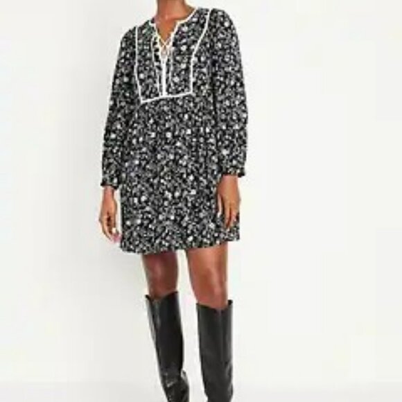 Retro Boho Antique Floral Mini Swing Dress with Puff / Balloon Sleeves - NWT - Picture 2 of 16